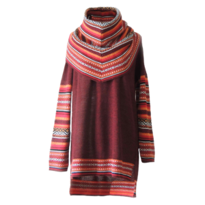 popsfl.com alpaca fashion outlet Sweater 100% baby alpaca bordeaux red with big cowl collar with colorful graphic pattern made in Peru