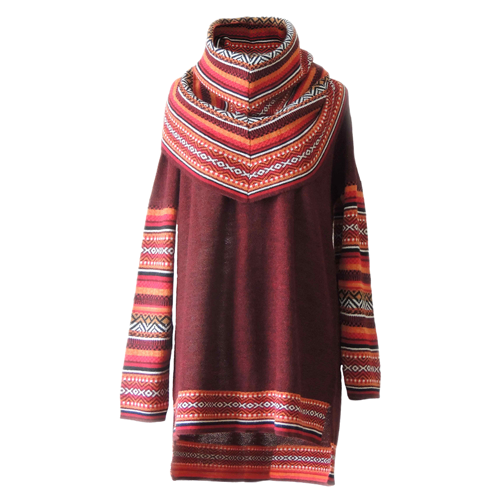 popsfl.com alpaca fashion outlet Sweater 100% baby alpaca bordeaux red with big cowl collar with colorful graphic pattern made in Peru popsfl.com alpaca fashion outlet Sweater 100% baby alpaca bordeaux red with big cowl collar with colorful graphic pattern made in Peru