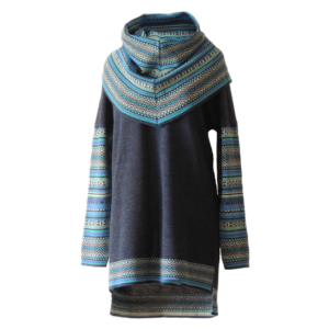 PopsFL .com alpaca fashion Outlet Sweater 100% baby alpaca with big cowl collar with graphic pattern in color blue jeans. made in Peru