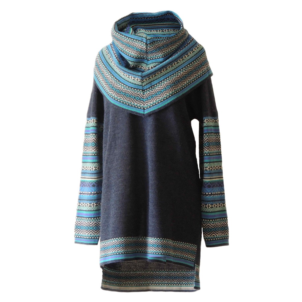 PopsFL .com alpaca fashion Outlet Sweater 100% baby alpaca with big cowl collar with graphic pattern in color blue jeans. made in Peru PopsFL .com alpaca fashion Outlet Sweater 100% baby alpaca with big cowl collar with graphic pattern in color blue jeans. made in Peru