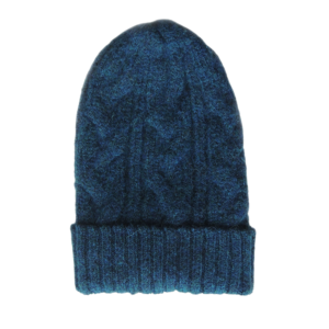 Unisex blue alpaca beanie felted with cable pattern.