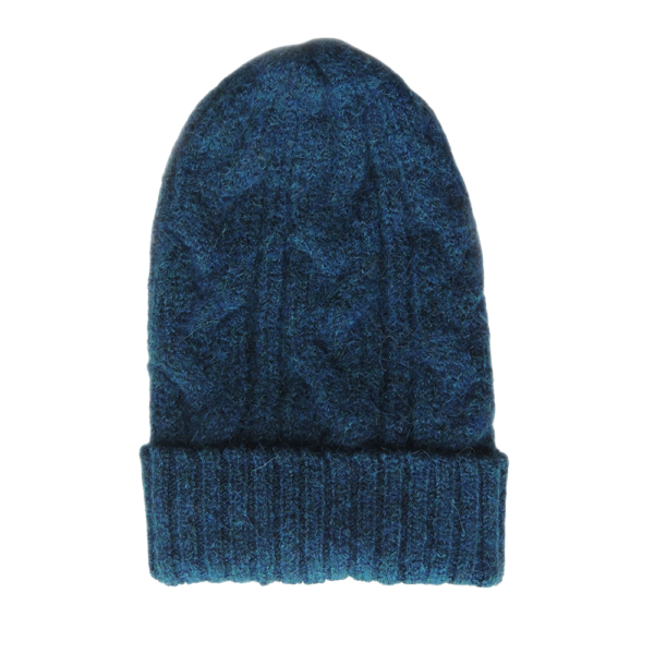 Unisex blue alpaca beanie felted with cable pattern.