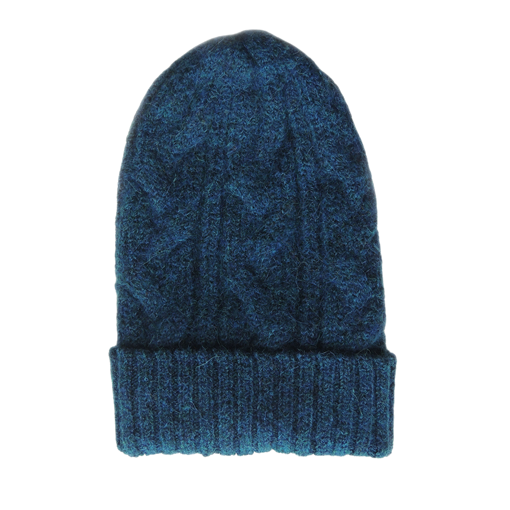Unisex blue alpaca beanie felted with cable pattern. Unisex blue alpaca beanie felted with cable pattern.