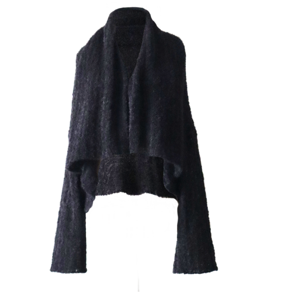 Sale Popsfl.com alpaca fashion Suri Alpaca Bouclé Two-in-One Shawl Cardigan Knitted Winter Wrap, color black made in Peru