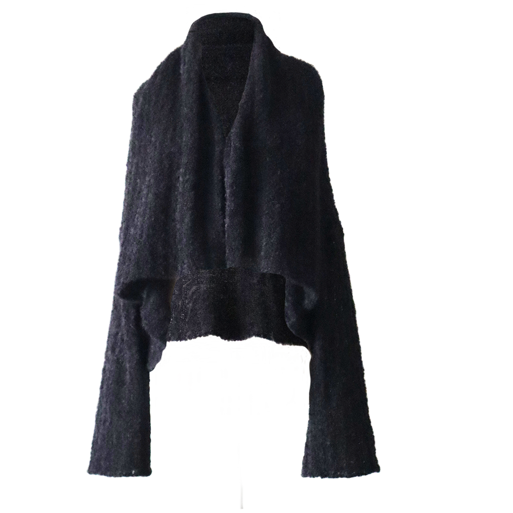 Popsfl.com alpaca fashion Suri Alpaca Bouclé Two-in-One Shawl Cardigan Knitted Winter Wrap, color black made in Peru Popsfl.com alpaca fashion Suri Alpaca Bouclé Two-in-One Shawl Cardigan Knitted Winter Wrap, color black made in Peru