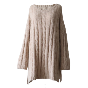 popsfl.com alpaca fashion outlet Oversized Suri alpaca sweater with all over cable pattern, Crewneck, Split Hem, color taupe. Made in Peru