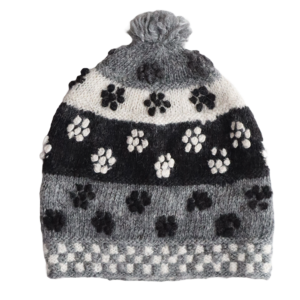 PopsFL.com outlet: Alpaca beanie, pom pom hat with embroidered details, black white gray. made in Peru