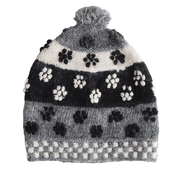 PopsFL.com outlet: Alpaca beanie, pom pom hat with embroidered details, black white gray. made in Peru