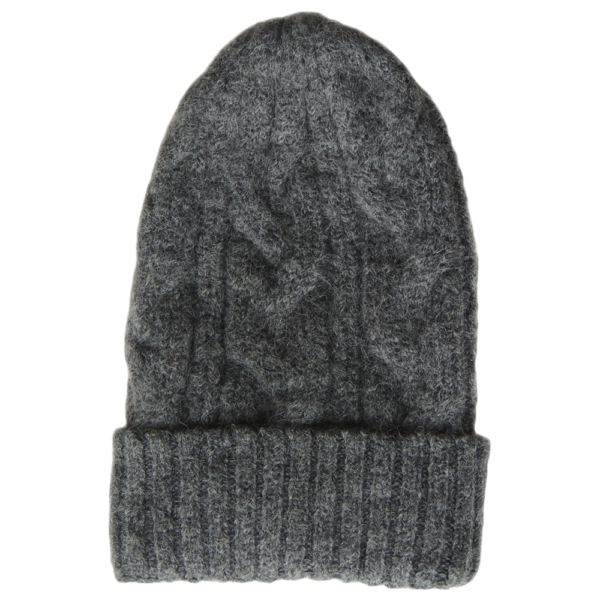 Unisex alpaca beanie felted winter hat with cable pattern and ribbed cuff, dark gray. made in Peru