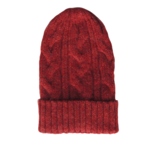 Unisex alpaca beanie felted winter hat with cable pattern and ribbed cuff, tan red . made in Peru