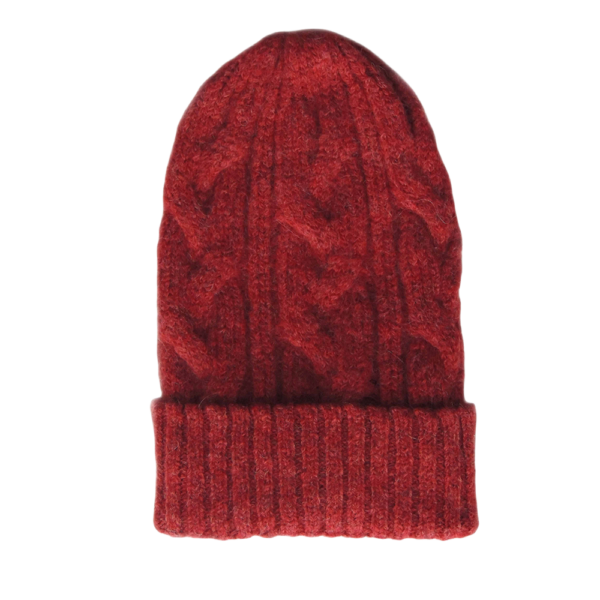 Homepage Unisex alpaca beanie felted winter hat with cable pattern and ribbed cuff, tan red . made in Peru