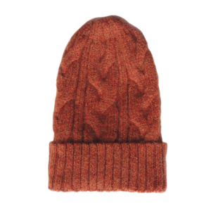 Unisex alpaca beanie felted winter hat with cable pattern and ribbed cuff, tan red . made in Peru