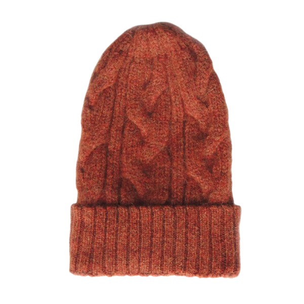 Homepage Unisex alpaca beanie felted winter hat with cable pattern and ribbed cuff, tan red . made in Peru