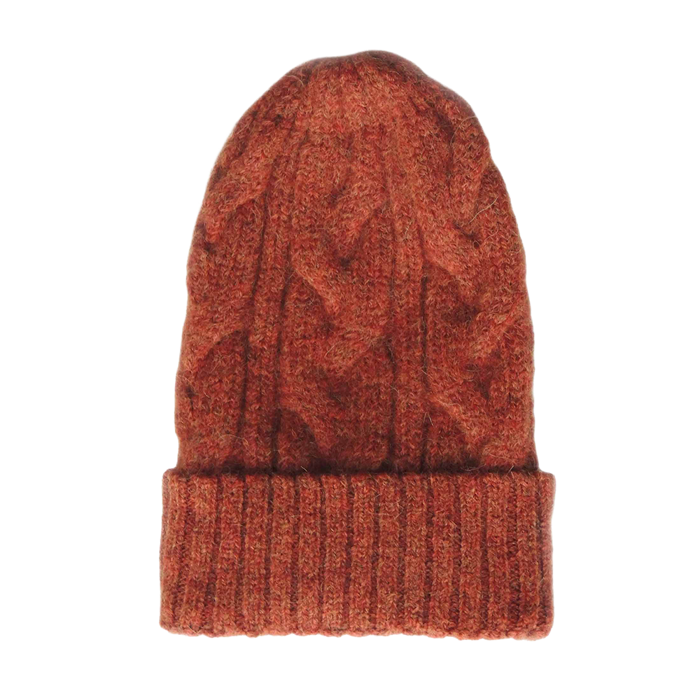 Unisex alpaca beanie felted winter hat with cable pattern and ribbed cuff, tan red . made in Peru Unisex alpaca beanie felted winter hat with cable pattern and ribbed cuff, tan red . made in Peru