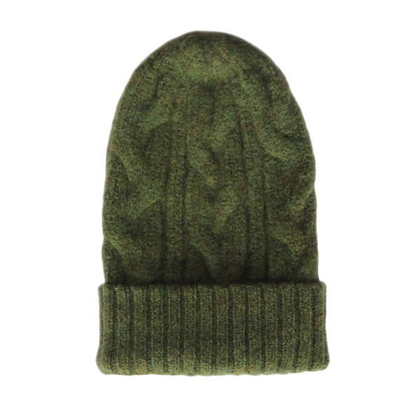 Homepage Unisex alpaca beanie felted winter hat with cable pattern and ribbed cuff, green . made in Peru